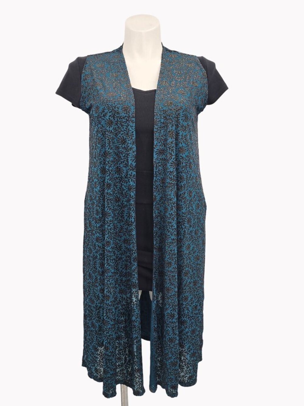 LuLaRoe Joy Womens M Teal Black Floral Lace Longline Duster Vest Open Front